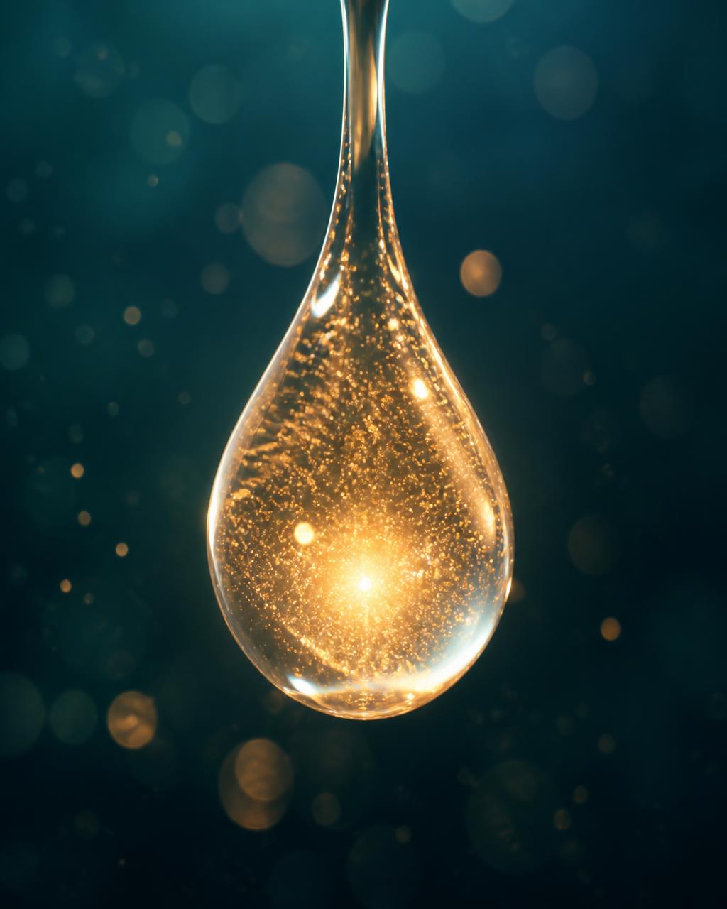 Luminous serum droplet glowing with champagne gold light — symbolizing advanced skin rejuvenation at Dr. Akanksha's Aesthetic Clinic